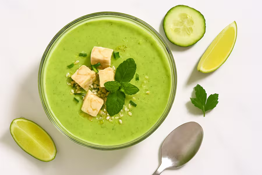 “High-protein cold soup — cucumber-lime green soup with tempeh cubes, mint, and hemp hearts.”
