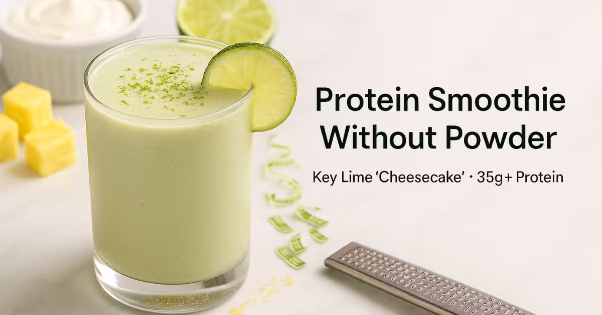 protein smoothie without powder – key lime cheesecake glass on white marble