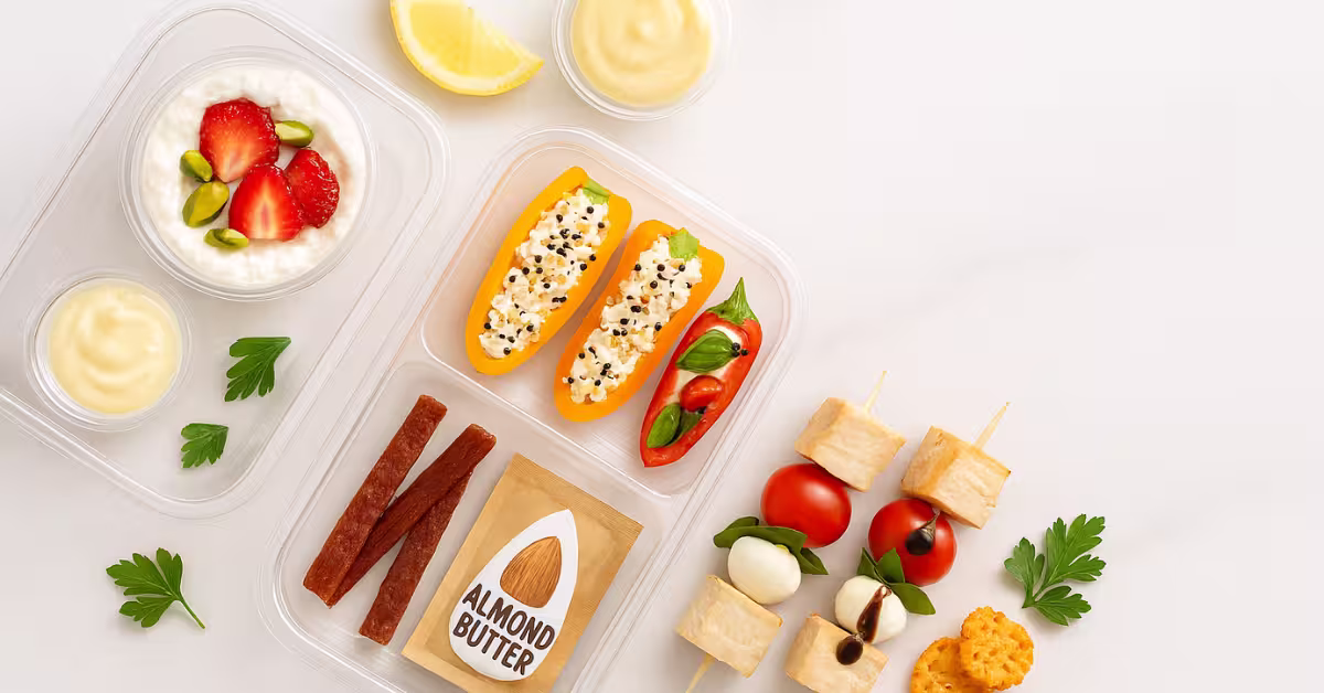 high protein snack boxes on white marble — ricotta with strawberries and pistachios, cottage-cheese pepper boats, chicken caprese picks, top-down