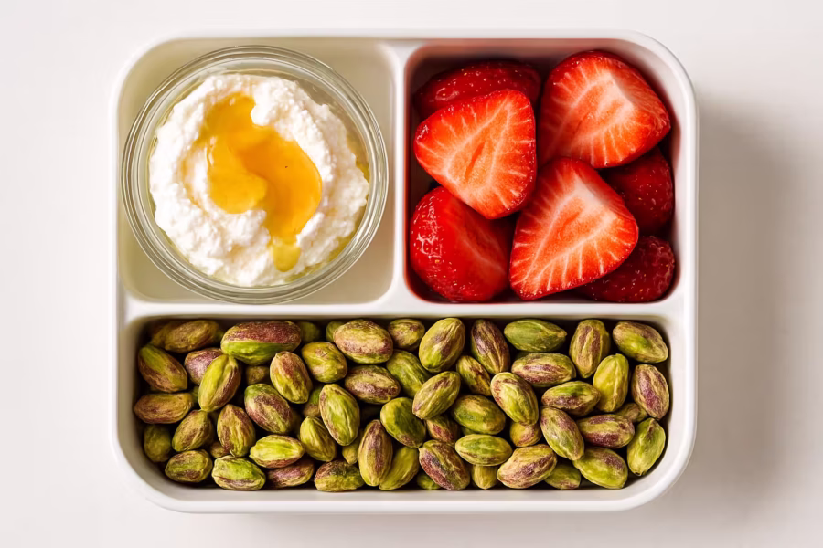 “Protein snack box with ricotta and honey, fresh strawberries, and pistachios in a neat container.”