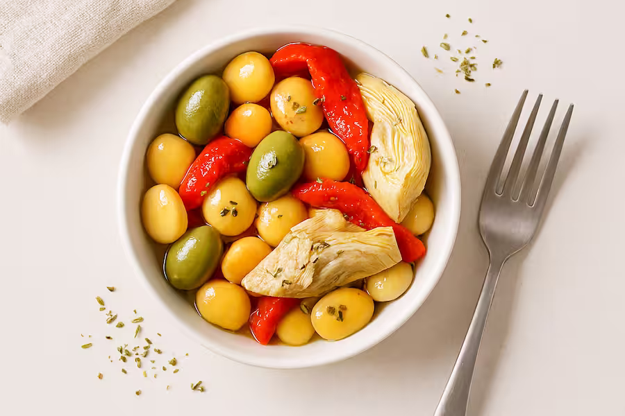 “Lupini bean antipasto with olives, artichokes, roasted red peppers, olive oil, and oregano.”