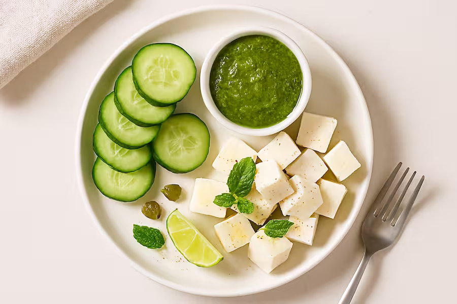 “Paneer and cucumber dippers with mint chutney and lime — fresh, high-protein Indian-inspired snack.”