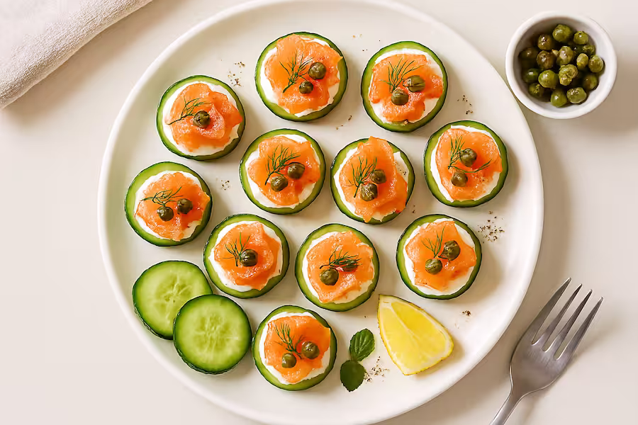 “Smoked salmon cucumber stacks with light cream cheese, capers, dill, and lemon — elegant high-protein snack.”