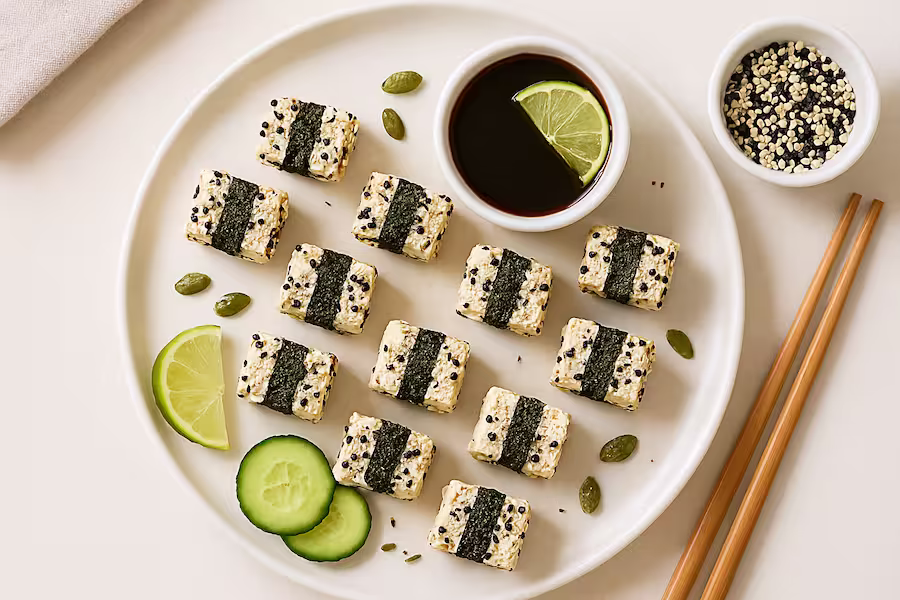 “Tofu sesame–nori bites with tamari–lime dip and pumpkin seeds — modern vegan high-protein snack.”