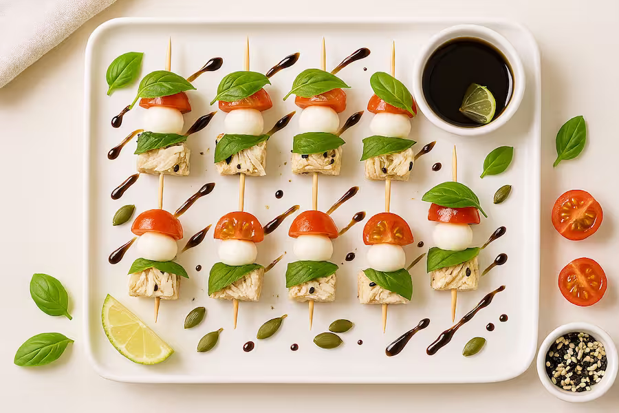 “Chicken Caprese picks with rotisserie chicken, mozzarella pearls, cherry tomatoes, basil, and balsamic glaze — high-protein party snack.”