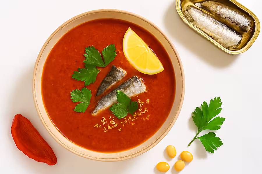 “High-protein cold soup — roasted red pepper tomato soup with sardines, parsley, and lemon.”